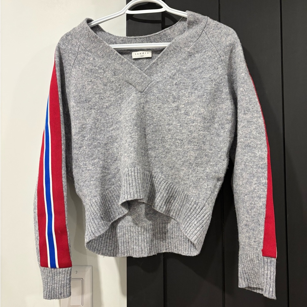 Sandro  V-Neck Sweater with Red and Blue Stripes